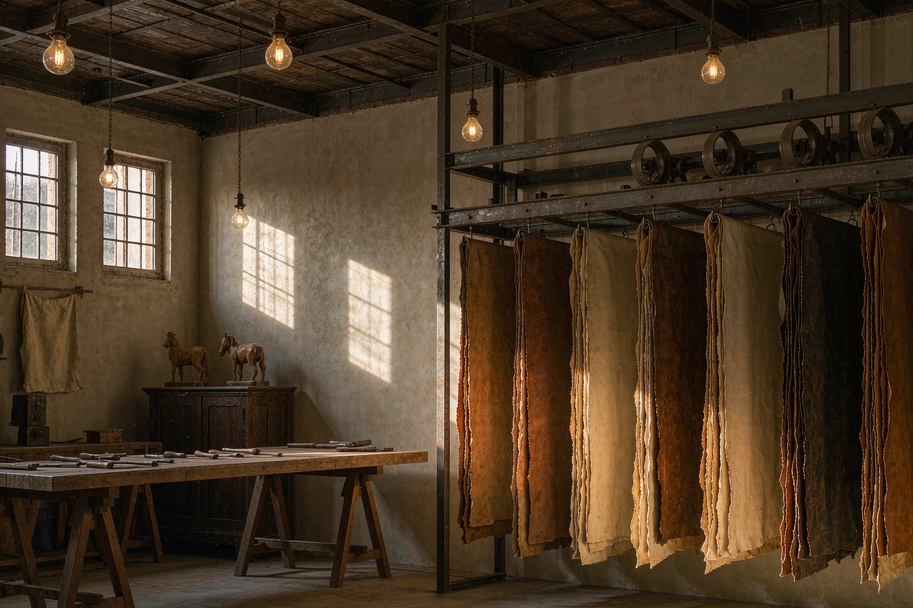 Interior of a small leather goods workshop with hides hanging on a rail