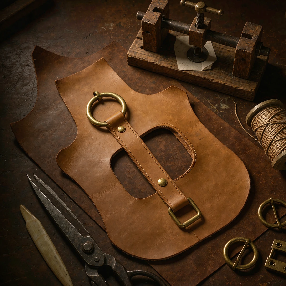 A leather worker's bench with hand tools, waxed thread and brass buckles